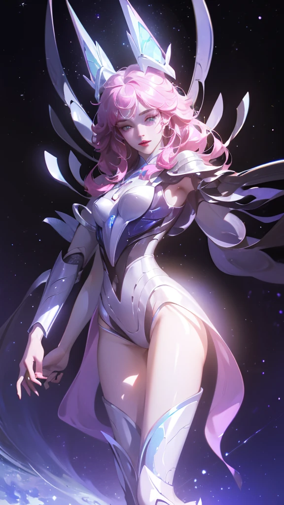 ((girl, Mecha)), Glowing eyes, Blue pupils，Smile，Armor damage, Mecha少女,Long hair, Ceramic body, Thigh gap, ((The background is a city with a sense of technology)),The starry sky is brilliant， (translucent, Reflective Skin), (Surrealism: 1.4)