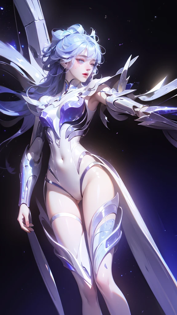 ((girl, Mecha)), Glowing eyes, Blue pupils，Smile，Armor damage, Mecha少女,Long hair, Ceramic body, Thigh gap, ((The background is a city with a sense of technology)),The starry sky is brilliant， (translucent, Reflective Skin), (Surrealism: 1.4)