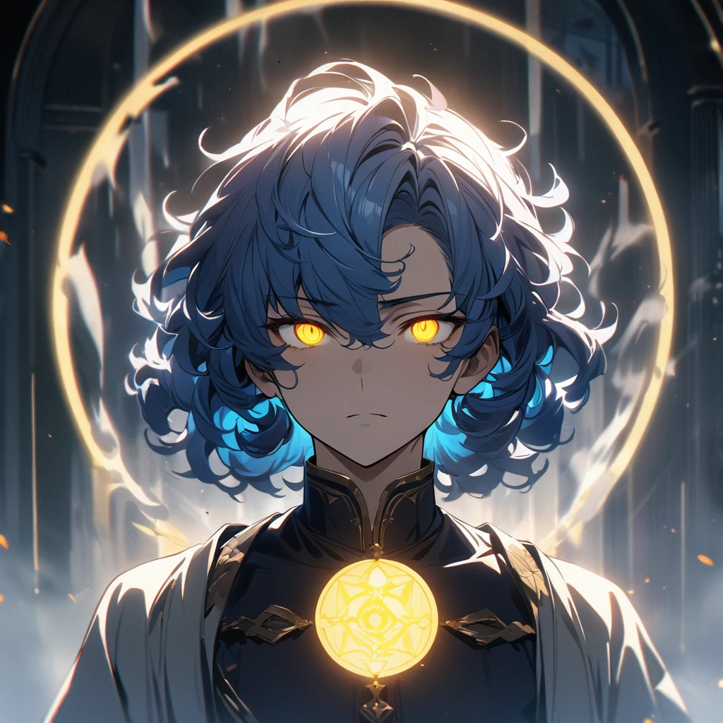 a handsome man with short blue hair, curly hair, yellow eyes,  4k, masterpiece, glowing eyes, short hair,  glowing hair, god, round circle light behind him, white light