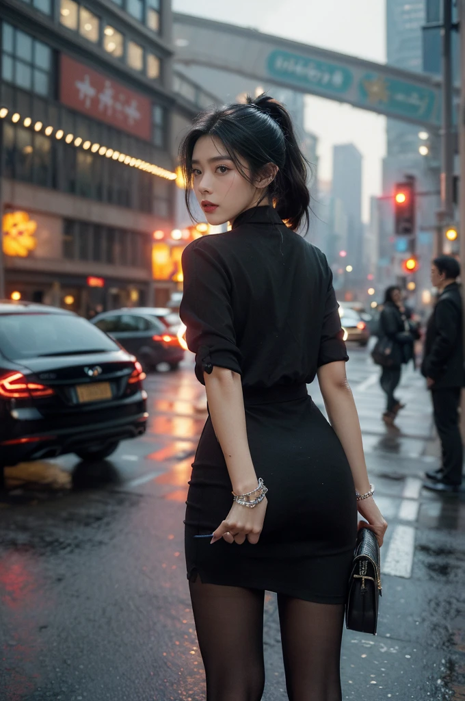 (((best quality))),(((ultra detailed))),(((masterpiece))),illustration,1girl,slim,vibrant cotton dress,short ponytail,pantyhose,standing, bustling city streets, honking cars,surrounded by crowded crowds, colorful advertisements,enjoying sights and sounds,(dark black skin:1.5),day scene,upper body,from front,bare back,towering hips,butt crack