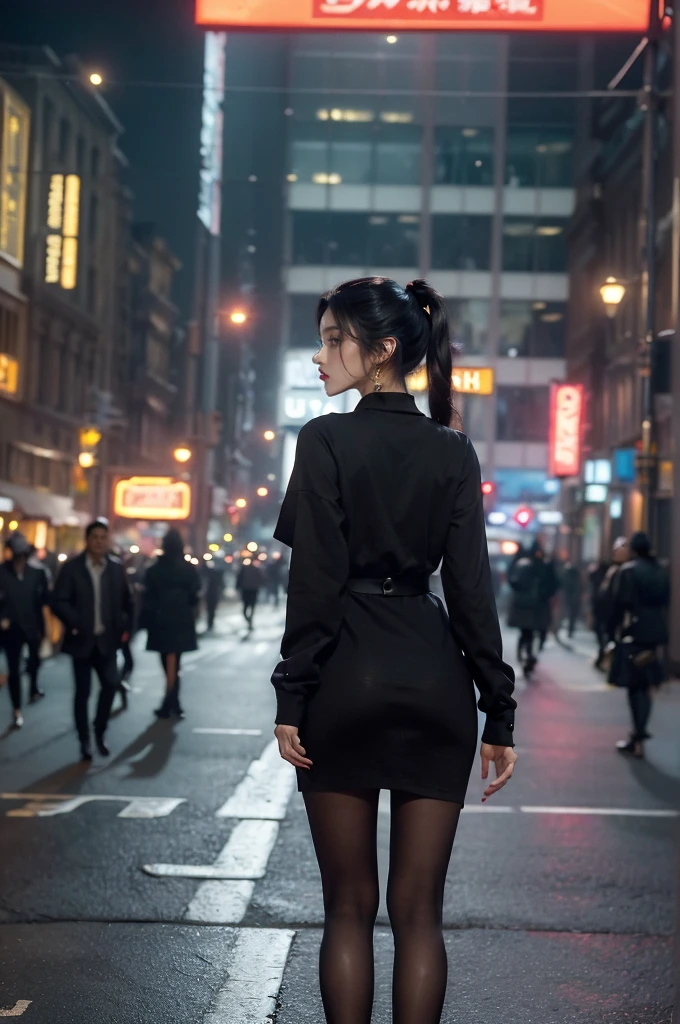 (((best quality))),(((ultra detailed))),(((masterpiece))),illustration,1girl,slim,vibrant cotton dress,short ponytail,pantyhose,standing, bustling city streets, honking cars,surrounded by crowded crowds, colorful advertisements,enjoying sights and sounds,(dark black skin:1.5),day scene,upper body,from front,bare back,towering hips,butt crack