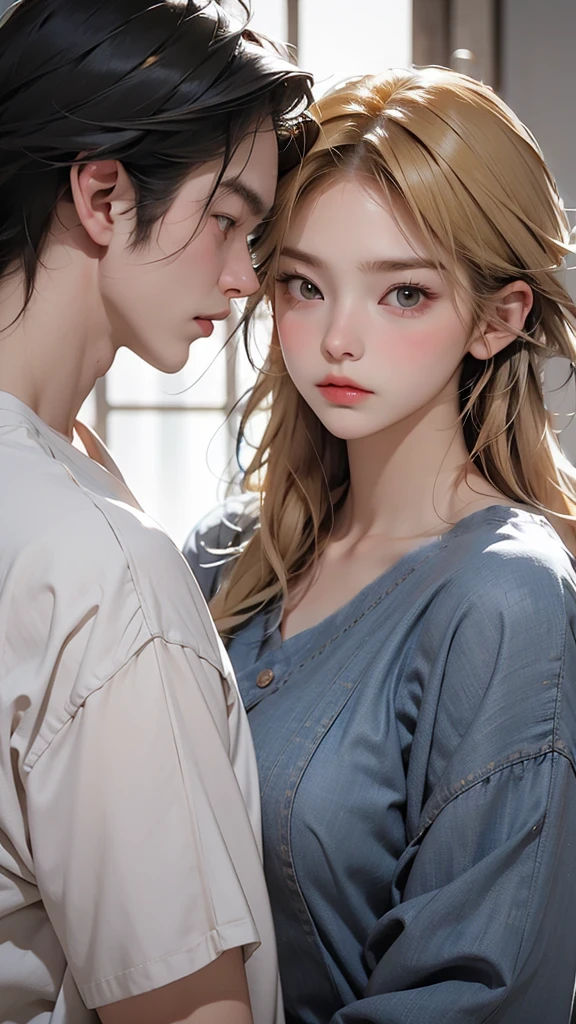 Change only the hair color to golden blonde, and adjust the expression to show her cheeks puffed out, looking upward to the left with an angry face