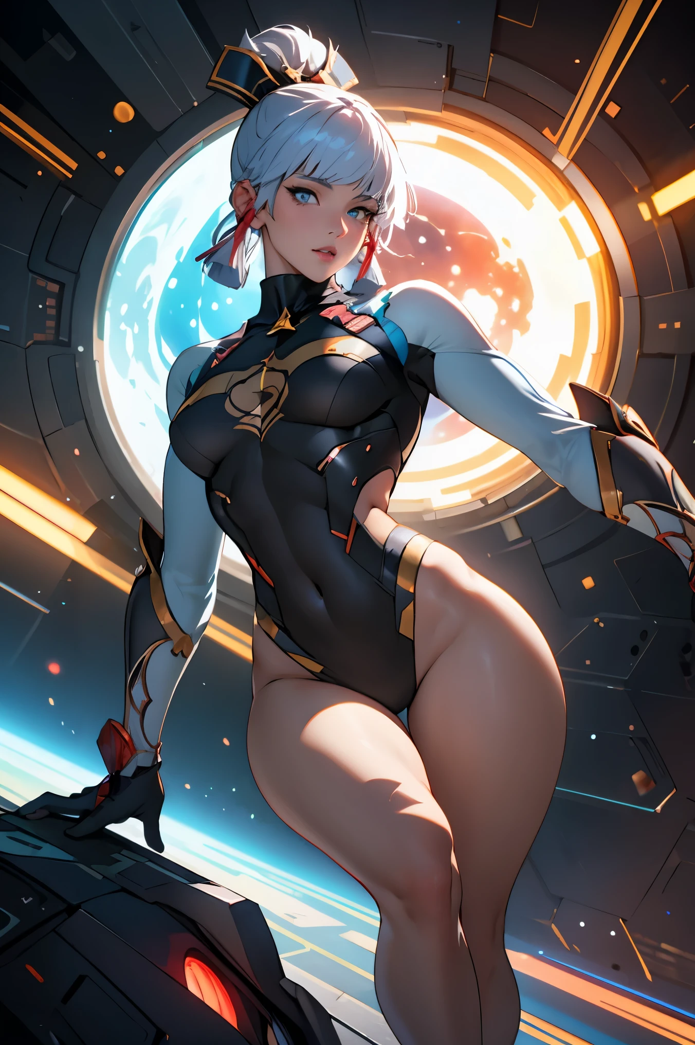 Highly detailed RAW color photo, beautiful young woman, kamisato ayaka|genshin impact, master-piece, bestquality, 1girls,25 years old, proportional body, elongated legs, Beautiful, proportional, dynamic pose, (wide hips), (detailed skin), (detailed lips), (detailed eyes), (cosmic: 1.4), (necropolis: 1.1), (science fiction setting) (detailed face), (curvy), detailed eyes, chromatic aberration, depth of field, soft lighting, masterpiece, best quality, intricate, (lens reflection: 0.7), (flowering: 0.7), particle effects, ray tracing,  tone mapping, highly detailed, concept art, smooth, sharp focus, dramatic lighting, highly detailed art, cinematic, hyper-realistic painting, trending on Artstation, 8K, amazing shadows, realistic, (highly detailed background: 1.2), mid-journey art