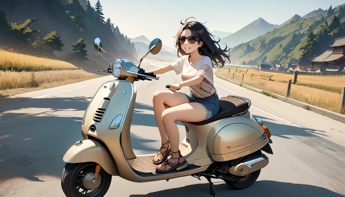 ((8k of extremely detailed CG unit, Masterpiece, high resolution, highest quality, highest quality real texture skin)), (((Driving a Vespa with a smile))), ((1 girl)), ((Japanese patterned helmet,sunglasses)), (Japanese pattern Tシャツ, denim), (Black hair, messy hair, beige skin), (surreal, digital painting)