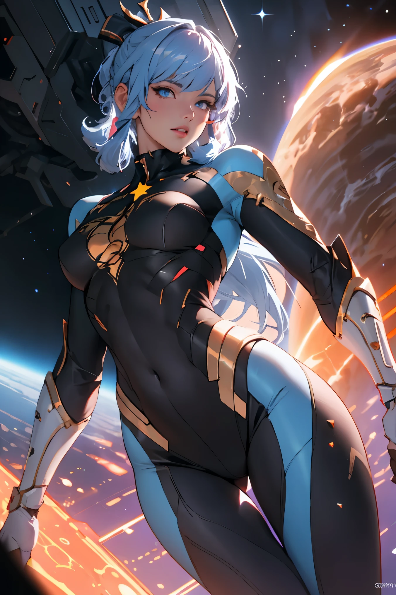 Highly detailed RAW color photo, beautiful young woman, kamisato ayaka|genshin impact, master-piece, bestquality, 1girls,25 years old, proportional body, elongated legs, Beautiful, proportional, dynamic pose, (wide hips), (detailed skin), (detailed lips), (detailed eyes), (cosmic: 1.4), (necropolis: 1.1), (science fiction setting) (detailed face), (curvy), detailed eyes, chromatic aberration, depth of field, soft lighting, masterpiece, best quality, intricate, (lens reflection: 0.7), (flowering: 0.7), particle effects, ray tracing, tone mapping, highly detailed, concept art, smooth, sharp focus, dramatic lighting, highly detailed art, cinematic, hyper-realistic painting, trending on Artstation, 8K, amazing shadows, realistic, (highly detailed background: 1.2), mid-journey art