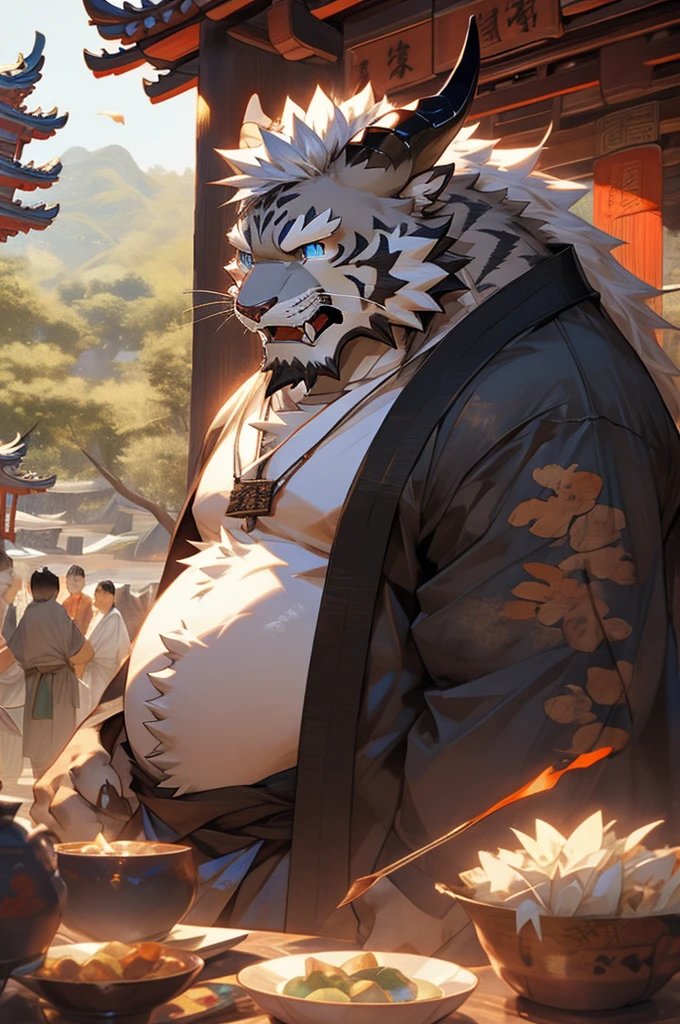 head、Animal cat face、A pair of dragon horns,Fluffy white hair all over the body、Heavy breathing、Gnashing of teeth,Serious expression,Fluffy belly、wildcat、blue eyes,(contour)The whole body is covered with long white hair、Hairy body、Fangs、CG,Chinese style ancient house,Sharp claws、Capture the composition of the whole body、Gray robe,(Messy 1.4),