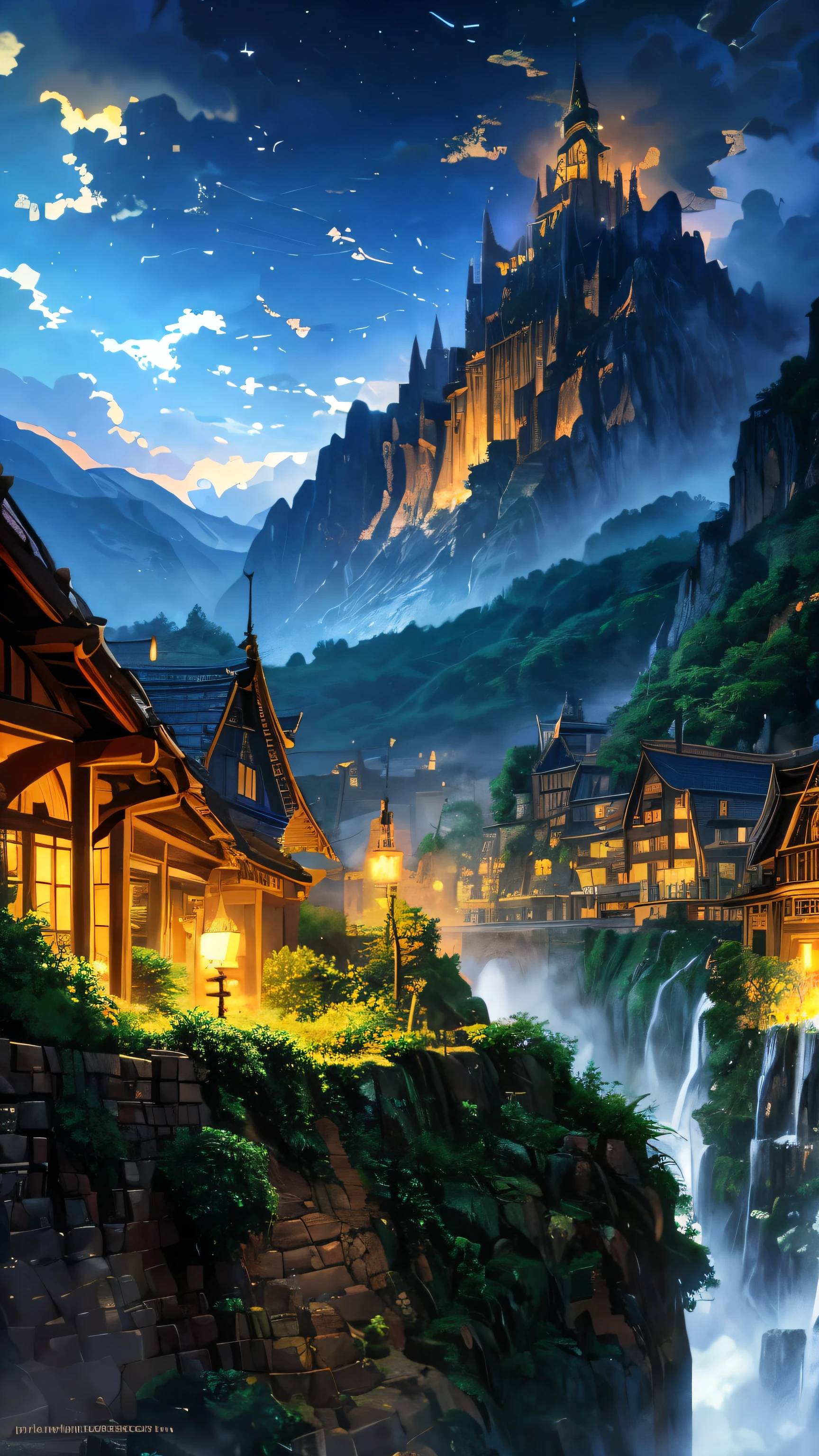 anime village with a mountain in the background, medeival fantasy town, mountain fortress city, fantasy town setting, detailed fantasy digital art, a bustling magical town, detailed digital concept art, cliffside town, 4k highly detailed digital art, fantasy town, detailed 4k concept art, highly detailed fantasy art, beautiful detailed concept art, steampunk villages castles(brokeh effect) (glowing fire flies)