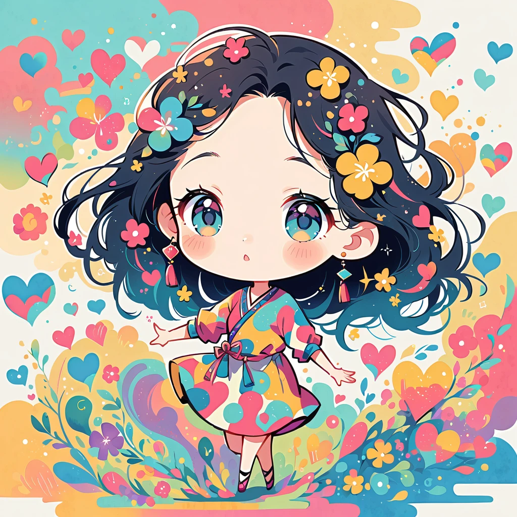 Mai Yoneyama style, Simple Line Initialism,Abstract art,Urban Background, colorful hearts ,colorful flowers, The most beautiful girl of all time, chibi