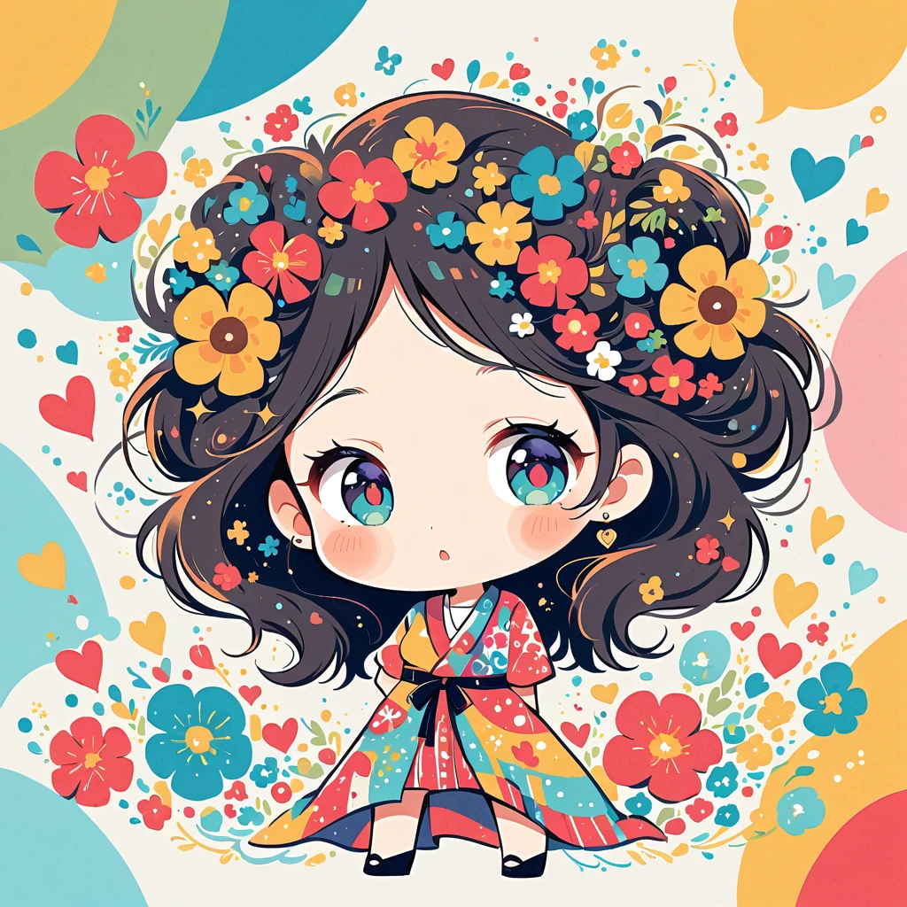 Mai Yoneyama style, Simple Line Initialism,Abstract art,Urban Background, colorful hearts ,colorful flowers, The most beautiful girl of all time, chibi