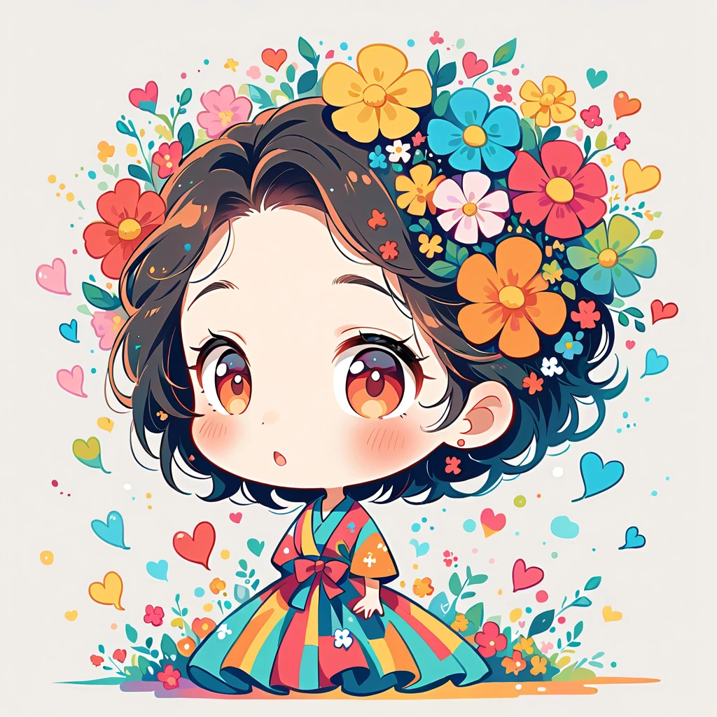 Mai Yoneyama style, Simple Line Initialism,Abstract art,Urban Background, colorful hearts ,colorful flowers, The most beautiful girl of all time, chibi