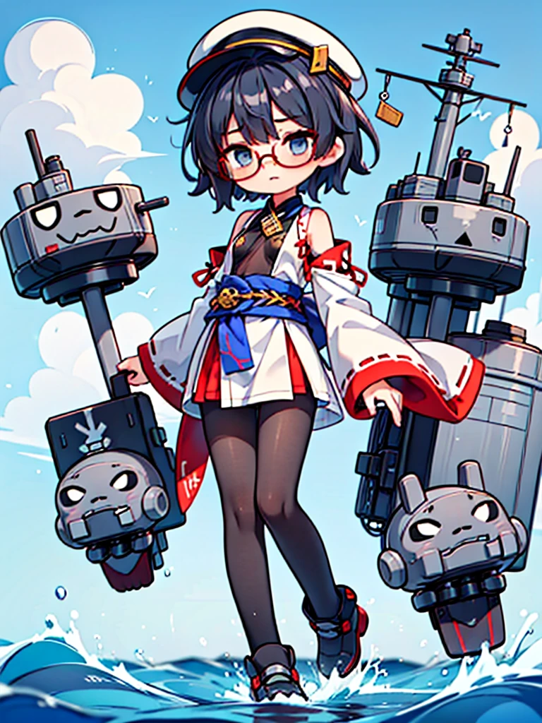 ((((Full body of a woman with perfect flat chest、Short unkempt black hair、white military jacket、Miko costume、tights、Black glasses、White military cap、Cloudy eyes、Sleepy expression)))), (((masterpiece))), (((Shipgirl))), ((Floating on the morning sea with both feet)), (Spread your legs wide open), (Hold the turret with your right hand), (Mechanical arms extending from the waist are used to equip the ship with battleship equipment.), (Equipped with a turret on the back), (Holds the turret with his left arm), Shotgun shells are attached to the thigh with a belt, Spreading the Machine&#39;s Wings, Machine tail,  shotgun, 