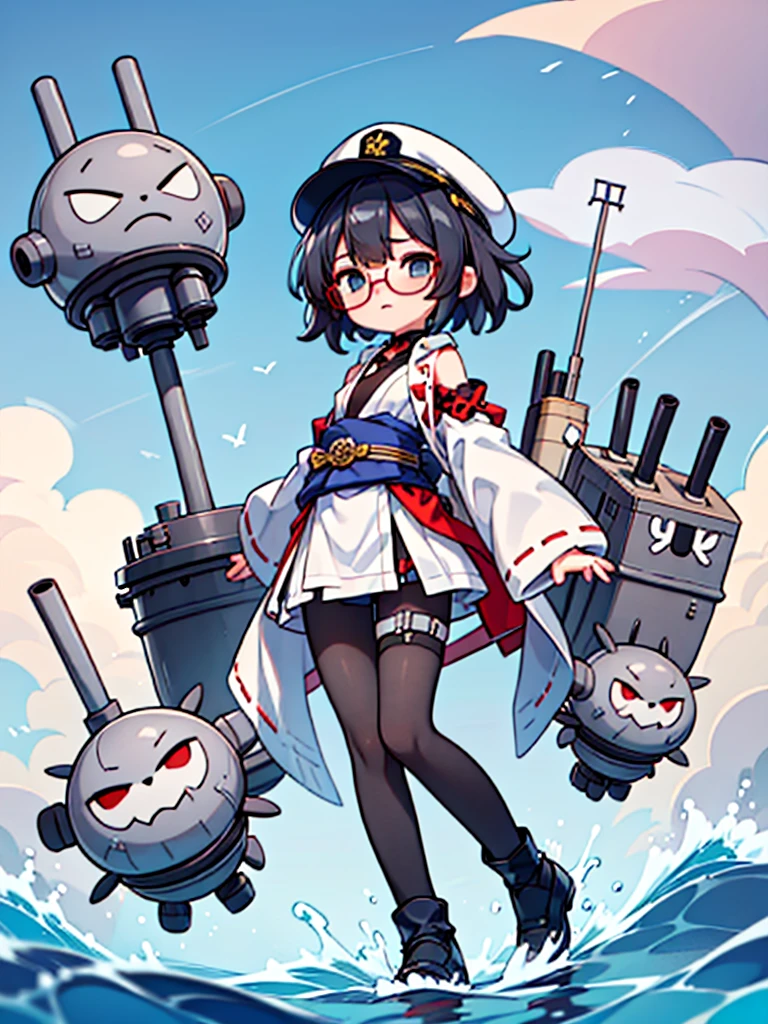 ((((Full body of a woman with perfect flat chest、Short unkempt black hair、white military jacket、Miko costume、tights、Black glasses、White military cap、Cloudy eyes、Sleepy expression)))), (((masterpiece))), (((Shipgirl))), ((Floating on the morning sea with both feet)), (Spread your legs wide open), (Hold the turret with your right hand), (Mechanical arms extending from the waist are used to equip the ship with battleship equipment.), (Equipped with a turret on the back), (Holds the turret with his left arm), Shotgun shells are attached to the thigh with a belt, Spreading the Machine&#39;s Wings, Machine tail,  shotgun, 