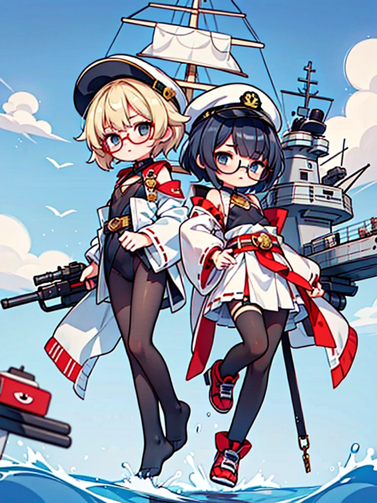 ((((Full body of a woman with perfect flat chest、Short unkempt black hair、white military jacket、Miko costume、tights、Black glasses、White military cap、Cloudy eyes、Sleepy expression)))), (((masterpiece))), (((Shipgirl))), ((Floating on the morning sea with both feet)), (Spread your legs wide open), (Hold the turret with your right hand), (Mechanical arms extending from the waist are used to equip the ship with battleship equipment.), (Equipped with a turret on the back), (Holds the turret with his left arm), Shotgun shells are attached to the thigh with a belt, Spreading the Machine's Wings, Machine tail, shotgun,