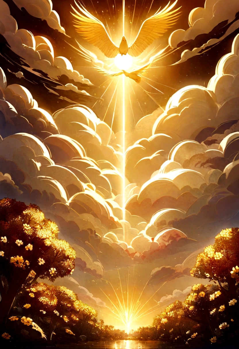 A mesmerizing depiction of a golden bird gracefully soaring through the sky, its shimmering feathers reflecting the sunlight. The bird is accompanied by a trail of glowing light, creating a celestial atmosphere. The background features a serene landscape with fluffy clouds and a distant golden sun. This whimsical image captures the essence of a golden dreamscape, evoking feelings of wonder and awe.Beside the fruit trees, there is a castle next to the fruit trees