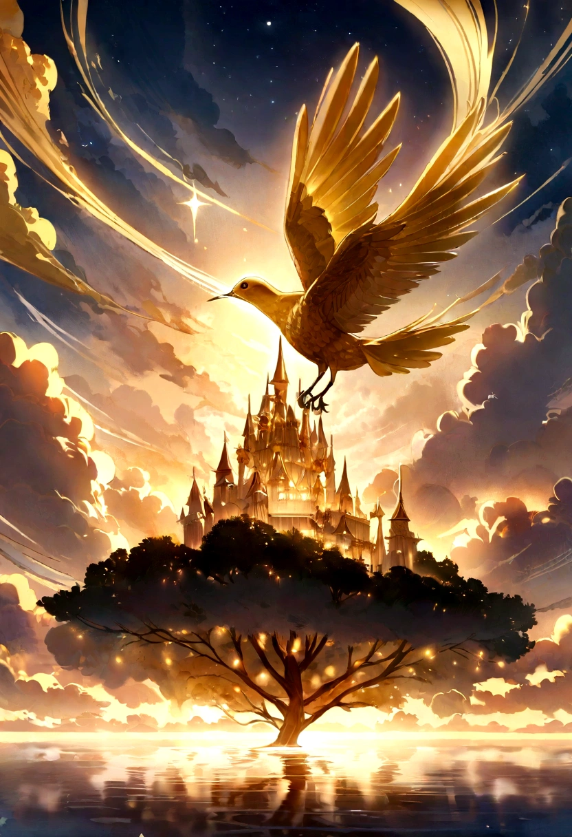 A mesmerizing depiction of a golden bird gracefully soaring through the sky, its shimmering feathers reflecting the sunlight. The bird is accompanied by a trail of glowing light, creating a celestial atmosphere. The background features a serene landscape with fluffy clouds and a distant golden sun. This whimsical image captures the essence of a golden dreamscape, evoking feelings of wonder and awe.Beside the fruit trees, there is a castle next to the fruit trees