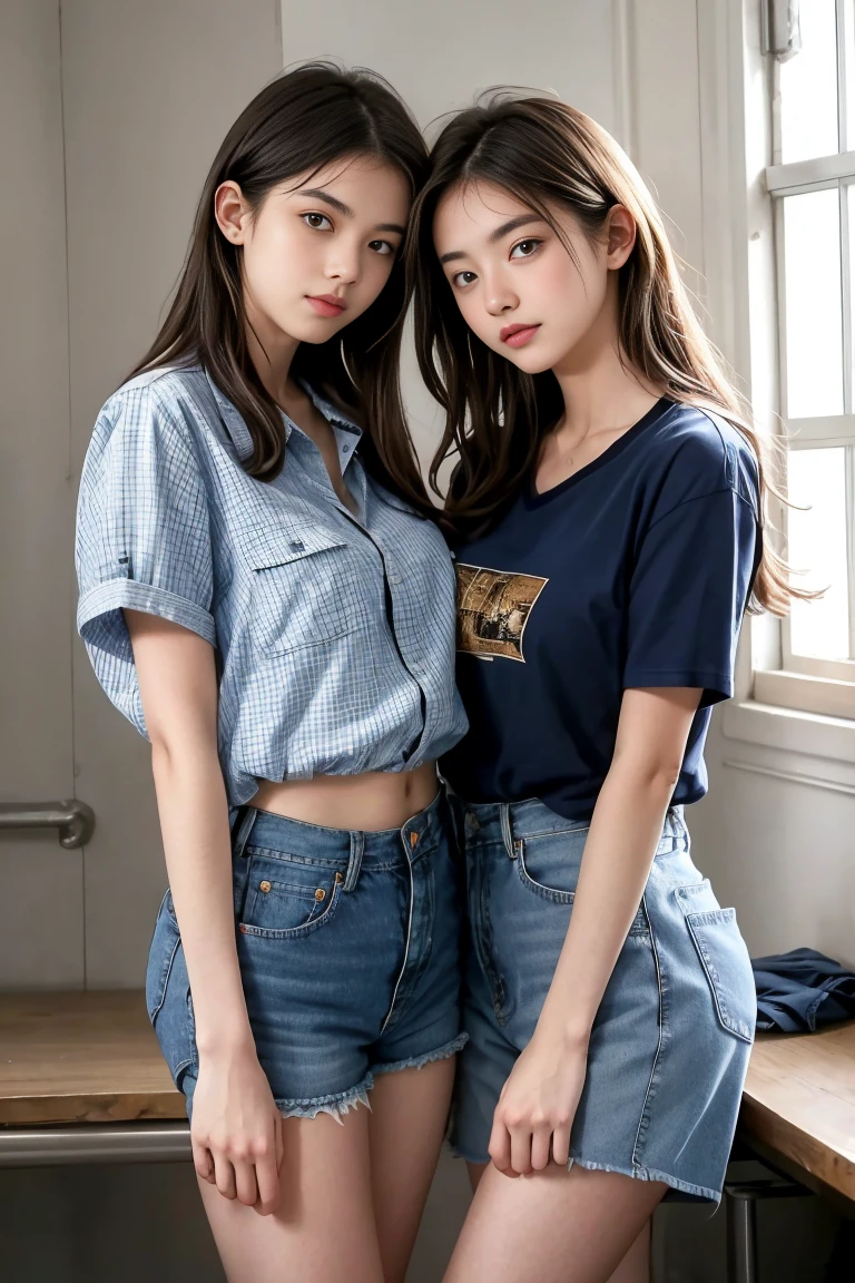 deux femmes ensemble de 18 ans sexy et mince , blue short sleeve checkered shirt et short en jean , salle de classe, se touche,position sey,sensuel