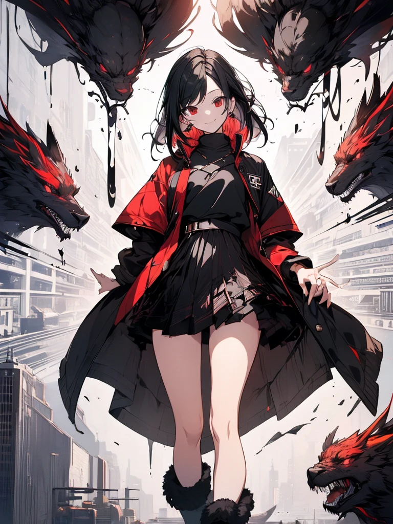 (masterpiece, highest quality, highest quality, (No text), Beautiful and aesthetic:1.2),No text,アニメ、 BREAK,One Girl，Short black hair　Red eyes　Beauty　cool　smile　Black Coat　mini skirt　whole body　Night view