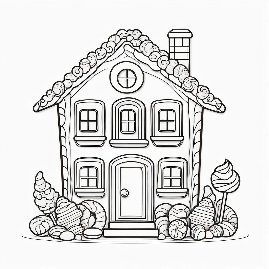 Cute house made from candies and cookies, coloring page for kids, happy, smiling, vector art, minimalistic, vector 2d, black lines white background, coloring page for beginners, vector illustration, pencil strokes, no color, drawing for coloring, white background, pixar style, black and white