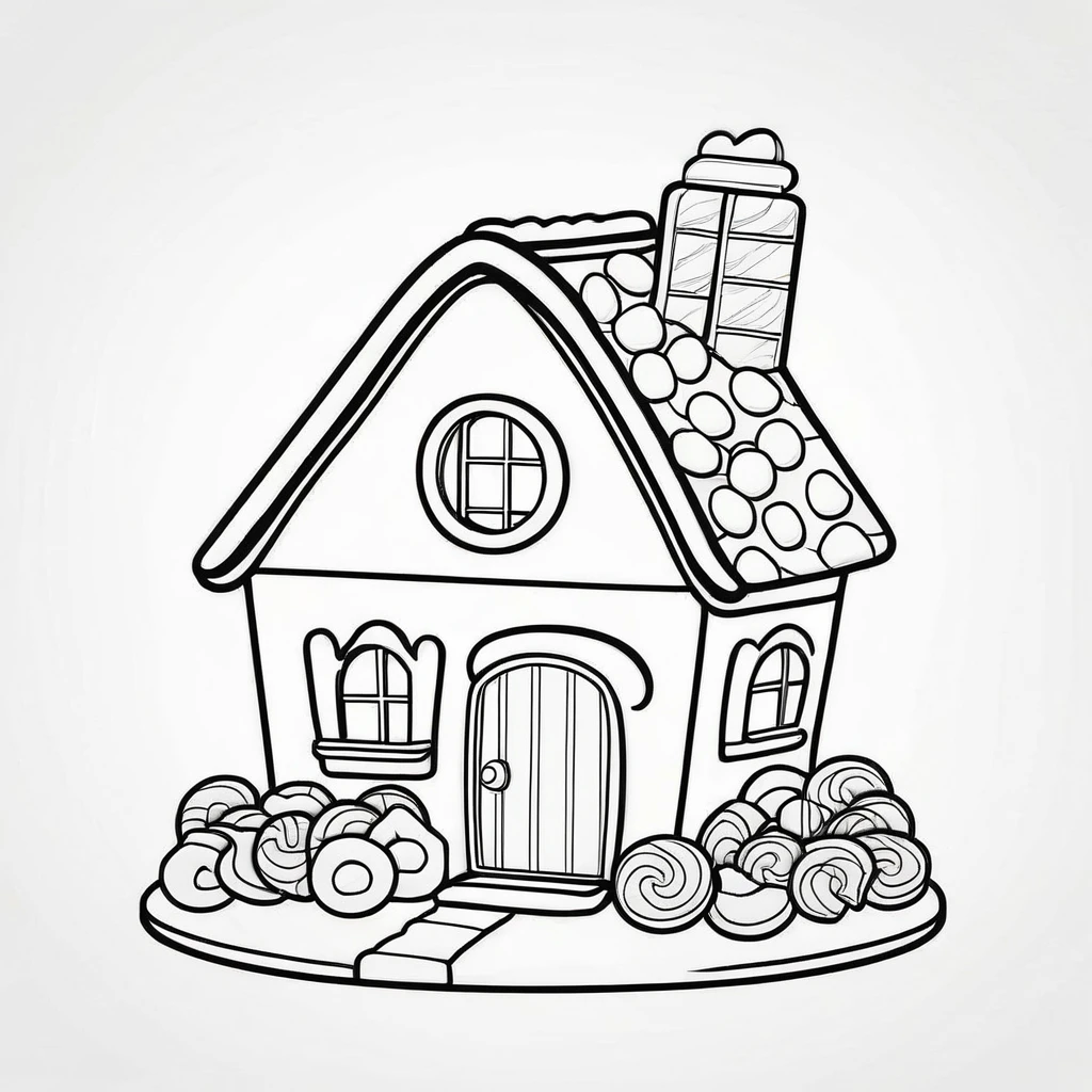 Cute house made from candies and cookies, coloring page for kids, happy, smiling, vector art, minimalistic, vector 2d, black lines white background, coloring page for beginners, vector illustration, pencil strokes, no color, drawing for coloring, white background, pixar style, black and white