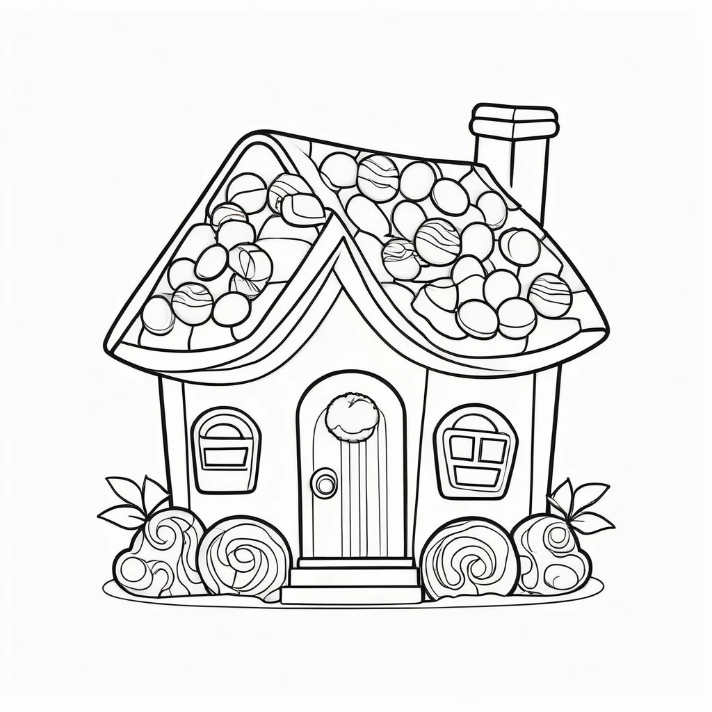 Cute house made from candies and cookies, coloring page for kids, happy, smiling, vector art, minimalistic, vector 2d, black lines white background, coloring page for beginners, vector illustration, pencil strokes, no color, drawing for coloring, white background, pixar style, black and white