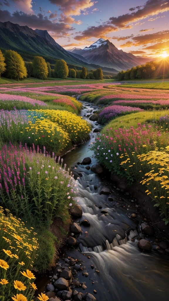 flowers are blooming in a field near a stream at sunset, marc adamus, landscapes: the joy of life, floral sunset, warm beautiful scene, fields of flowers, peaceful landscape, beautifully lit landscape, stream of love and happiness, vast lush valley flowers, field of fantasy flowers, beautiful flowing feeling, stunning landscape, amazing landscape, beautiful scene, beautiful setting