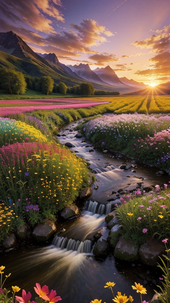 flowers are blooming in a field near a stream at sunset, marc adamus, landscapes: the joy of life, floral sunset, warm beautiful scene, fields of flowers, peaceful landscape, beautifully lit landscape, stream of love and happiness, vast lush valley flowers, field of fantasy flowers, beautiful flowing feeling, stunning landscape, amazing landscape, beautiful scene, beautiful setting