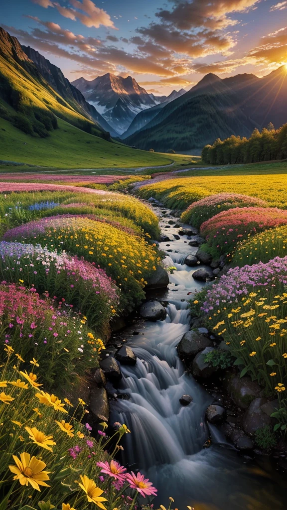 flowers are blooming in a field near a stream at sunset, marc adamus, landscapes: the joy of life, floral sunset, warm beautiful scene, fields of flowers, peaceful landscape, beautifully lit landscape, stream of love and happiness, vast lush valley flowers, field of fantasy flowers, beautiful flowing feeling, stunning landscape, amazing landscape, beautiful scene, beautiful setting
