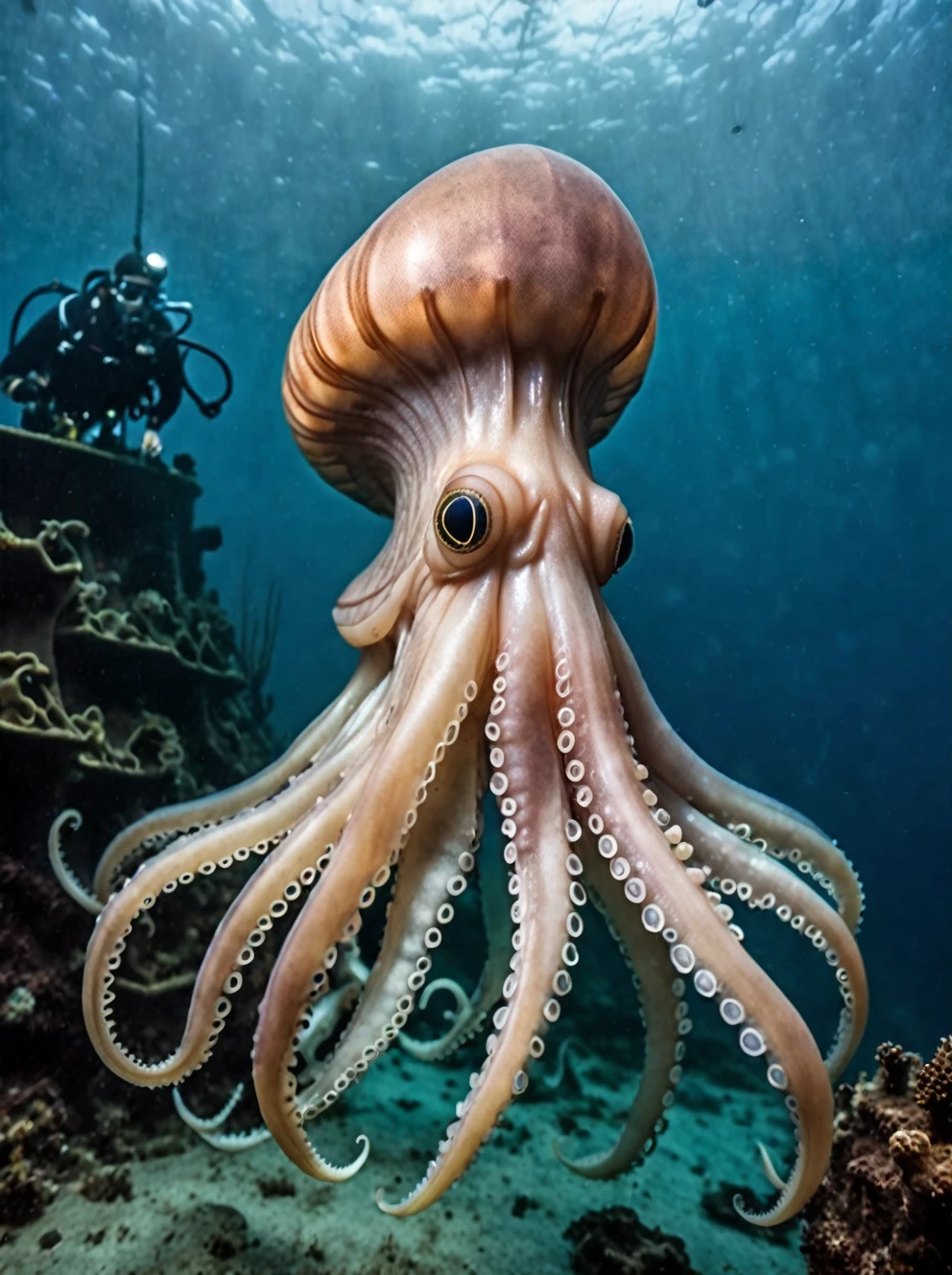 photo focus on squid focus, outdoors, realistic scenery, underwater, giant squid, large squid, squid is the same size as a submarine, steampunk nautilus-style. very wide shot, character photo portrait, film, professional, highly detailed, 