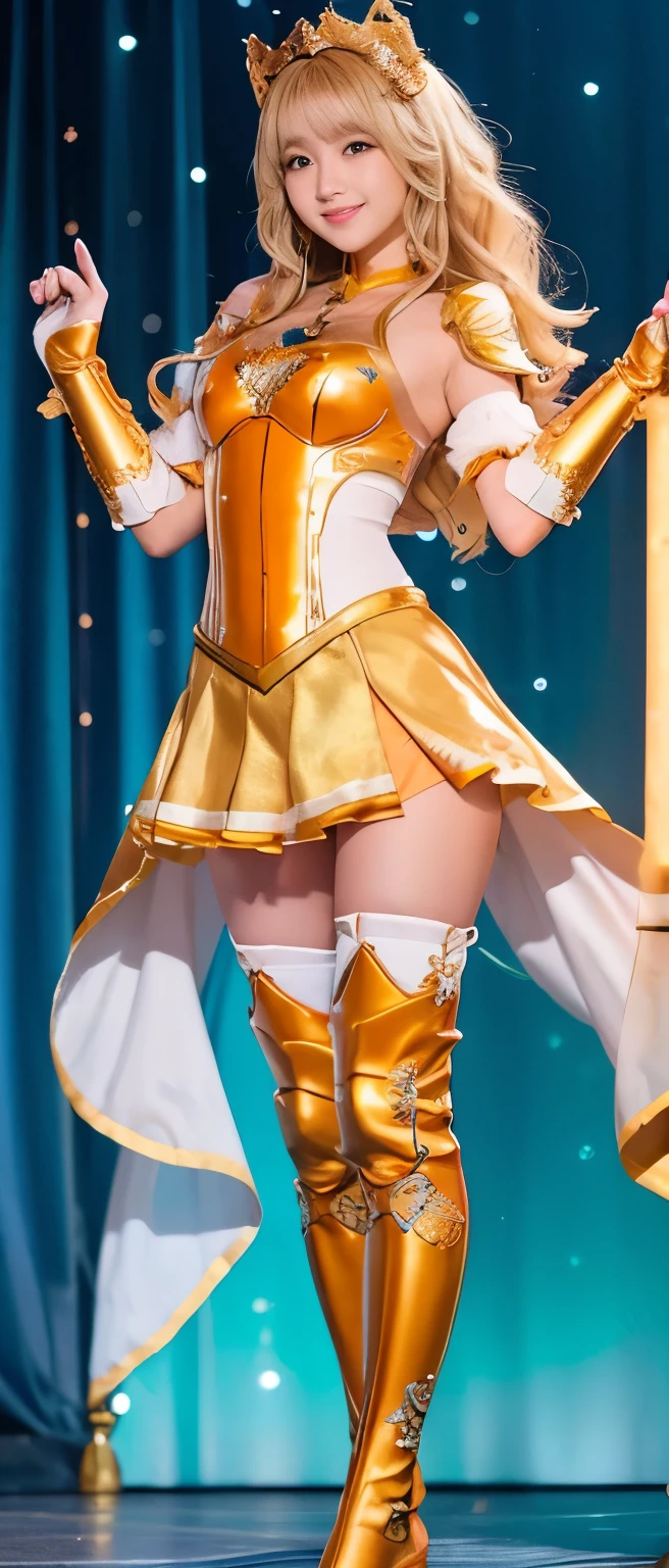 Tall and cute idol knight、whole body、Good style、、、、、、、、、、Tanned thick legs、、Gold and orange armor suit（Crab Embroidery、Passionate Ocean Mantle）、、Neat and clean idol face、Light colored wavy hair、club arm gauntlet