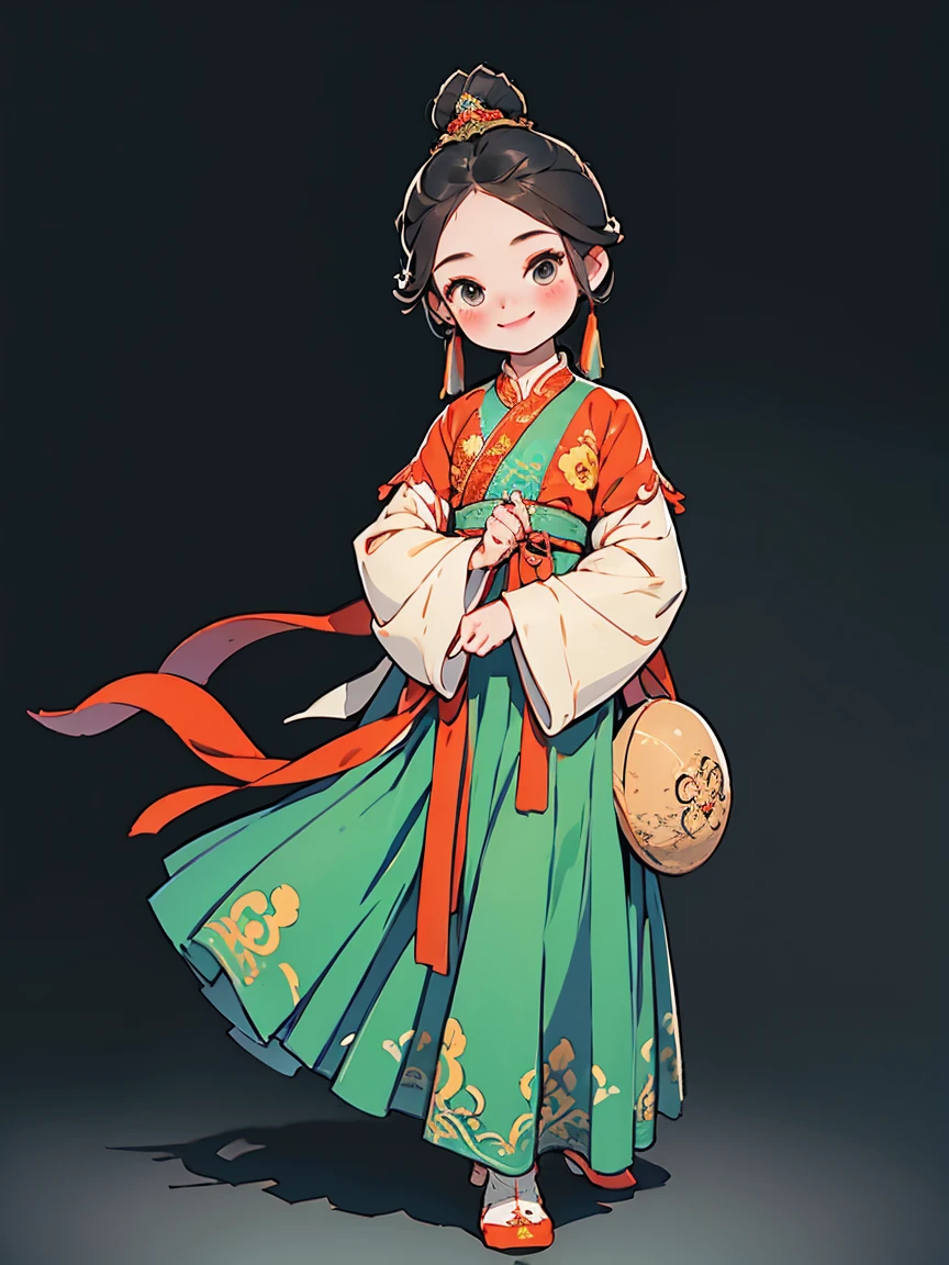 Costume girl，Chinese Tang Dynasty Girl，Long skirt skirt，Standing，Embroidered shoes，Ball head hairstyle，whole body，Smile，Hands hanging down，Blank Background