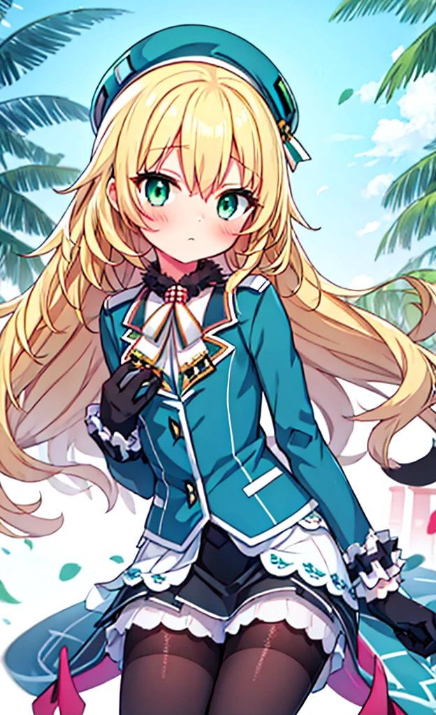 masterpiece,Highest quality,1 Girl,alone,blush with embarrassment,Pokemon-like art style,(Bold:1.6),(flat:1.5), Atago, (Fleet Collection),(Portraiture:1.2),blonde_hair,length_hair,big_chest,Have,beret,green_eye,green_eye,black_gloves,black INNER SKIRT,uniform,pantyhose, slit_blue long skirt,race_Black Skirt