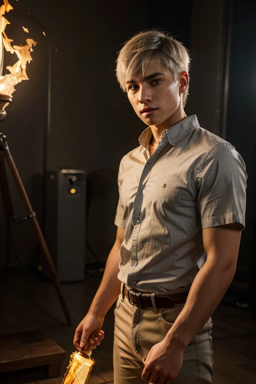 High detail, clarity, 8kk, young guy, 18 years old, light gray hair, short haircut, yellow eyes, standing on fire, realism, fantasy,