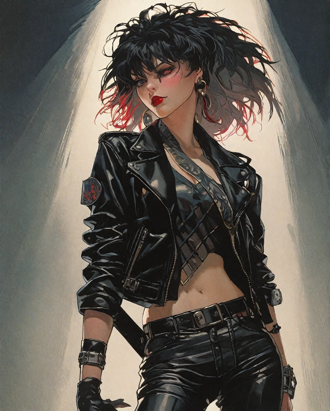 Flat-colored still of a a full-body, high-resolution anime style of a rebellious female punk rocker with 80s-style gothic hair, intense red lips, leather jacket, and tight leather pants, inspired by the works of Yoshiaki Kawajiri, vibrant and edgy, with dramatic lighting and dynamic composition... anime girl from a 80s Anime portrayed by hajime sorayama, looking away from the viewer, solemn expression
