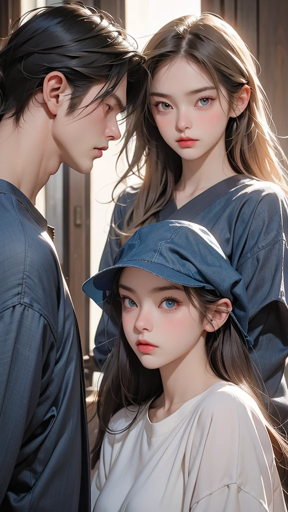 Please create an image of a stunning beauty who is half French and half Japanese. She has an exceptionally beautiful face, with striking blue eyes and long, straight blonde hair. She wears a cute dress and has a furrowed brow expression, as if expressing anger and dissatisfaction. The second person is a man with black hair and long bangs. He wears a T-shirt and denim. His expression appears sad. The composition should depict both of them in an upper body close-up, engaged in an argument. The beauty should be on the right, and the man on the left, facing each other and arguing. Their eyes meet, and they exchange heated words. The background is a room