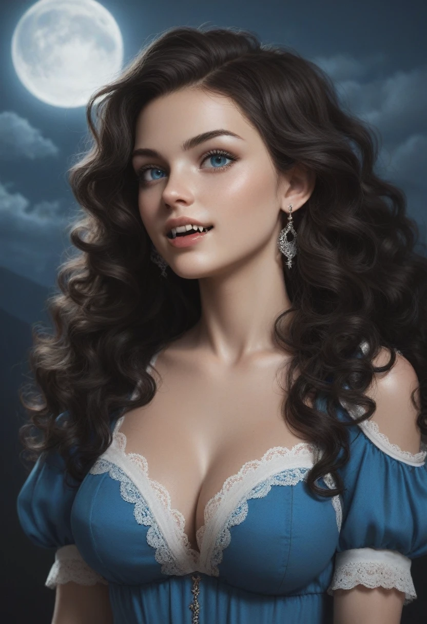 score_9, score_8_up, score_7_up, score_6_up, rating: safe, 1girl, solo, (black_hair:1.5), wavy_hair, jewelry, dress, blue_eyes, earrings, (long_hair:1.5), looking_at_viewer, curly_hair, upper_body, lips, lace, blue_dress, (night:1.3), cxqz8r, medieval_dress, medieval_landscape, fullmoon, rpg, (rape_face:1.3), narrow_waist, (skinny:1.3), (pale_skin:1.2), open_mouth, parted_lips, (oral_invitation:1.2), (fangs:1.4), raised_eyebrow, (large_breasts:1.2)
