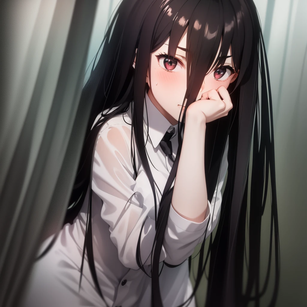 1girl, long black hair, uniform, shy, blush, wet, rain, , (masterpiece, best quality), soft light, cinematic composition, cinematic light