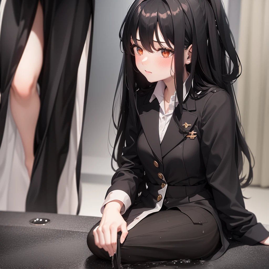1girl, long black hair, uniform, shy, blush, wet, rain, transparent, (masterpiece, best quality), soft light, cinematic composition, cinematic light