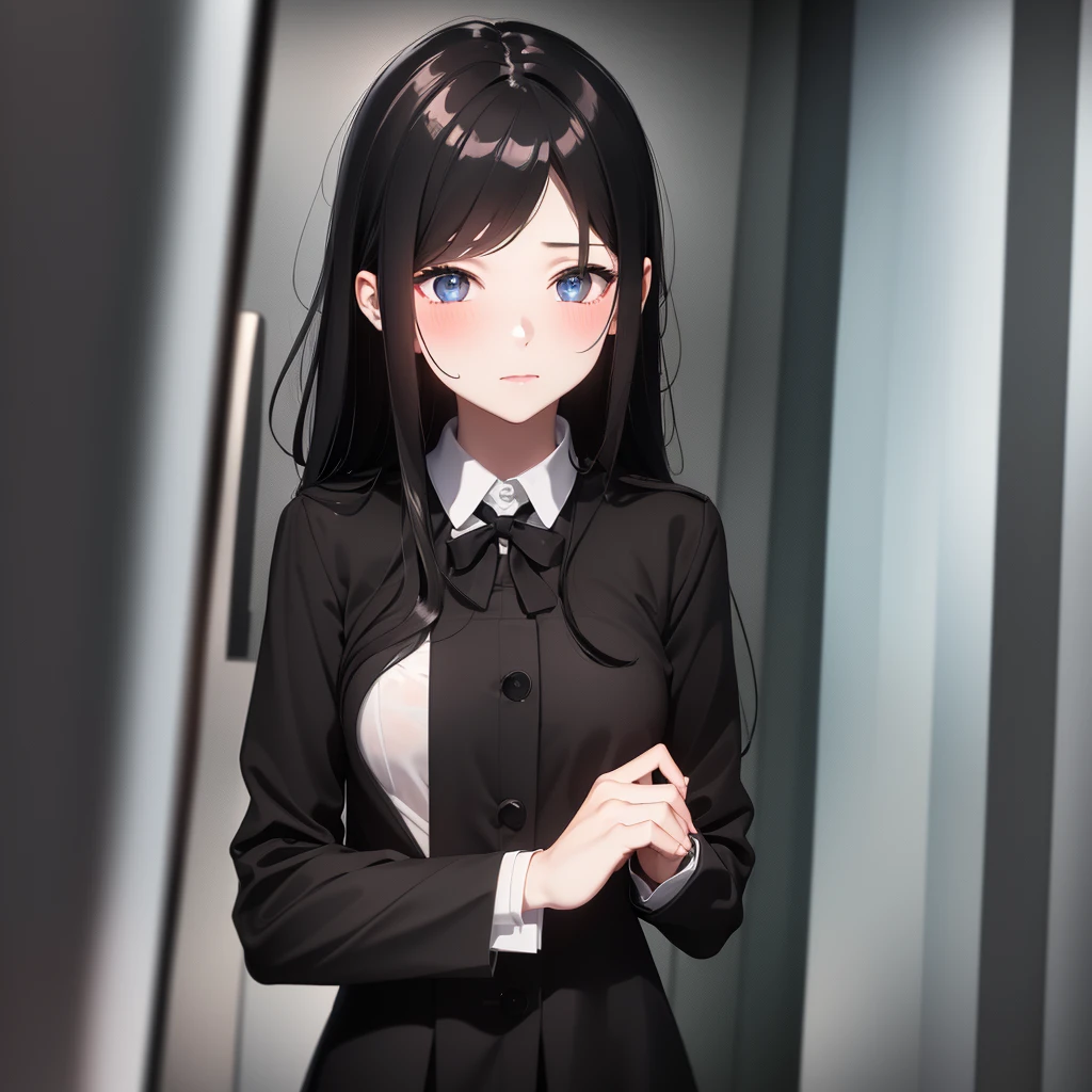 1girl, long black hair, uniform, shy, blush, wet, rain, transparent, (masterpiece, best quality), soft light, cinematic composition, cinematic light