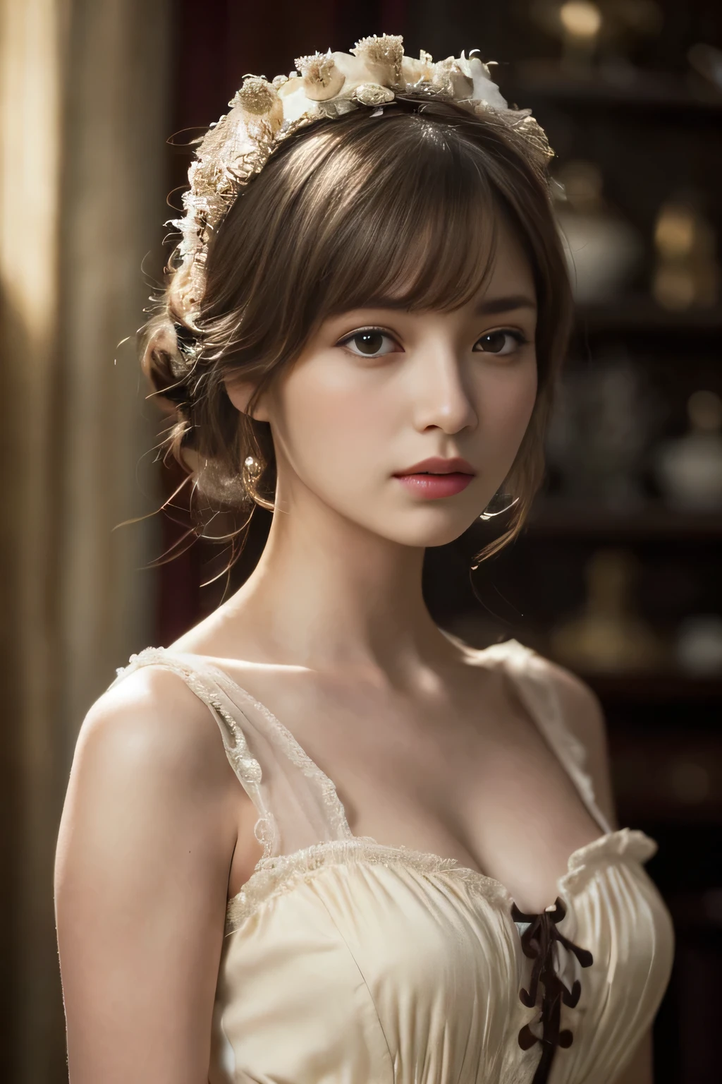 
((masterpiece:1.4, Highest quality)), (Realistic photos:1.4), (Artwork),
((1 girl)), (Otherworldly beauty), (dream-like),
(超High resolution:1.2), Very delicate and beautiful, wonderful, Very detailed CG Unity 8k wallpaper, Very detailed, High resolution, 
Soft Light, Beautiful detailed girl, Very detailedな目と顔, Beautiful and detailed nose, Beautiful and detailed, 
(Dressed in 19th century Belgian costume:1.3),
Cinema Lighting, Perfect Anatomy, Slender body, (Parted bangs),
(Vermeer&#39;s portrait of a girl:1.5), (Pictorial subject matter), (Pictorial background),
Cowboy Shot