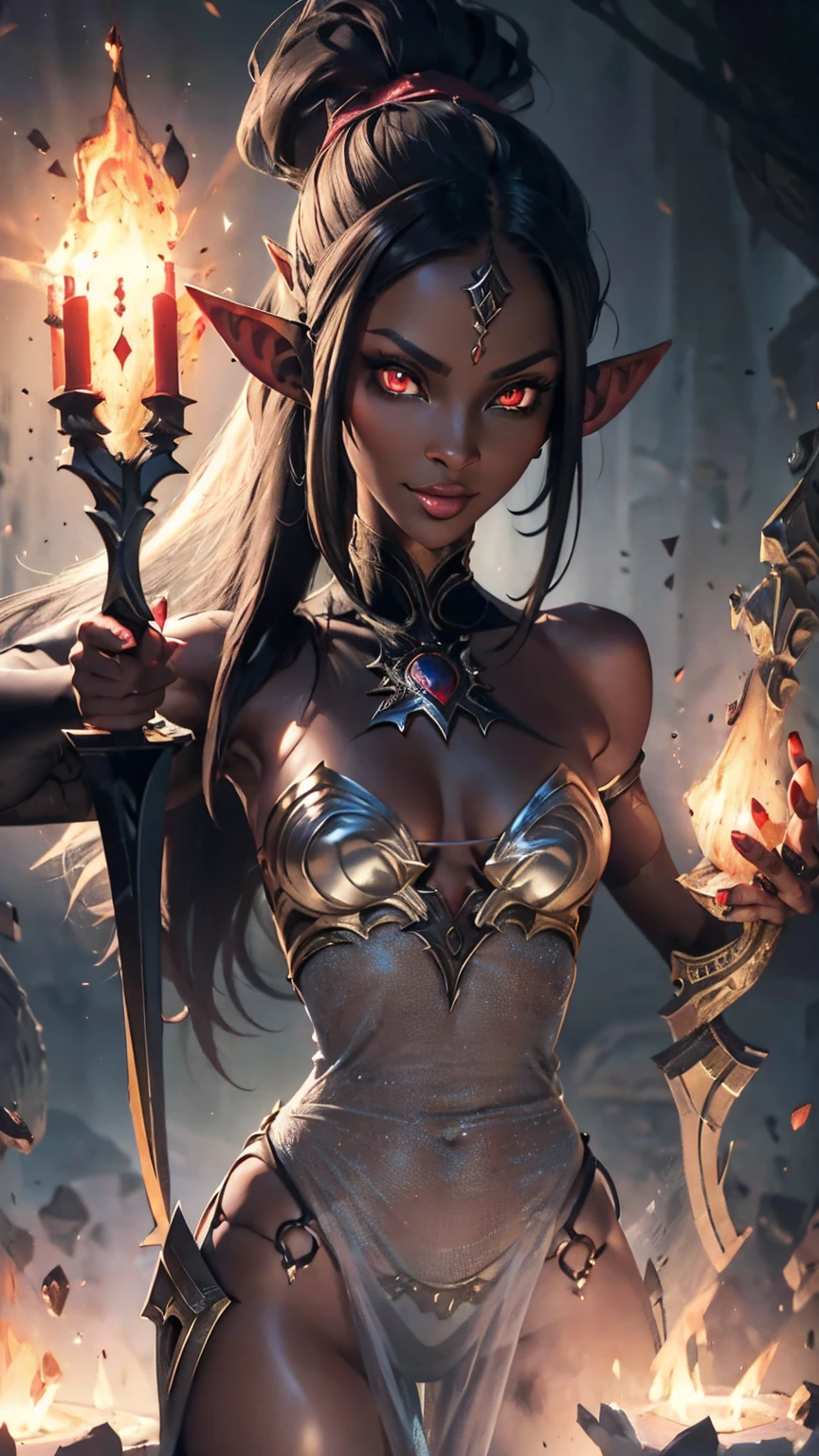 Full body, 1woman, 30 years old, sexy queen of hell, busty, A beautiful athletic dark elf, fit body, elven ears, dark skin, Grey skin, Red eyes: 1.4,  sheer lowleg ,  cinematic lighting, fantasy theme, highly detailed, incredibly long black high ponytail hair, sheer lowleg , best quality, ((masterpiece)), ((8k)),  smirk, Close Up, Portrait,  lips,