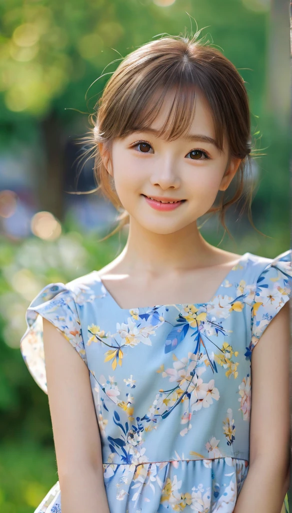 close-up of pretty Japanese_Russian girl,((flat chests:1.35)), wear cute fabric,outdoor, bokeh background, UHD, 32K, , astonishingly pretty,absolutely cute,cute smile,very adorable, absolutely stunning,