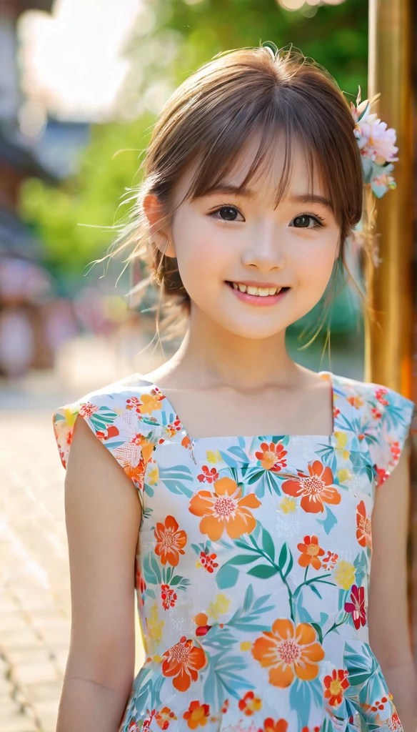 close-up of pretty Japanese_Russian girl,((flat chests:1.35)), wear cute fabric,outdoor, bokeh background, UHD, 32K, , astonishingly pretty,absolutely cute,cute smile,very adorable, absolutely stunning,