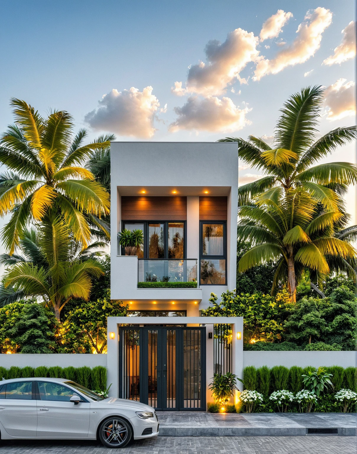 Masterpiece, high-end, best quality, authentic, super detailed, outdoor, aiaigroup, modern 2-storey townhouse, stairs, white walls combined with wood, wind encaustic tiles, iron gate, conwood ceiling, flowers , path, summer evening, grass, trees, sky, clouds, (daylight: 1.1)