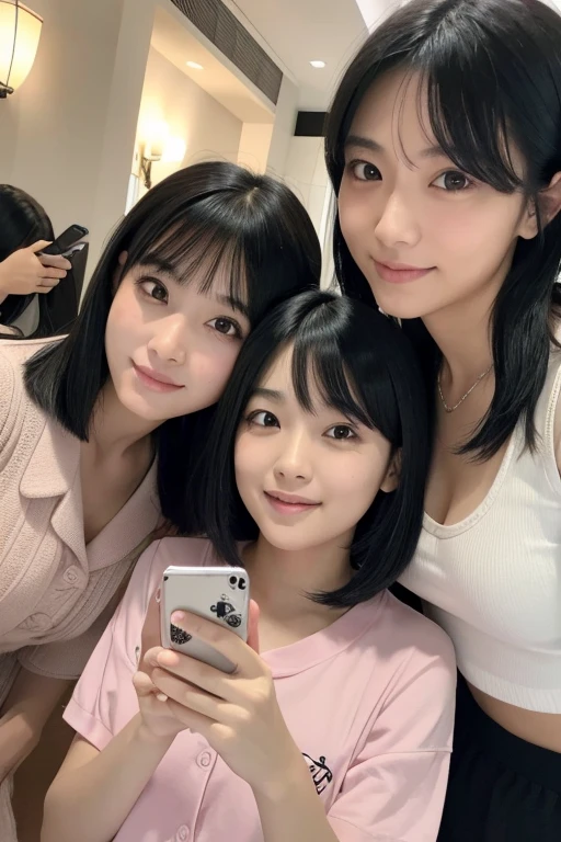Three smiling girls, Pajama party at the hotel, Blowing in the wind for a long time [Blue-black:.3] hair,View Audience, (masterpiece:1.3), (8K, Realistic, RAW Photos, Highest quality: 1.4), Japanese, (One Girl), Beautiful Face, (Realistic Face), (black hair, short hair:1.3), beautiful hairstyle, Realistic eyes, Beautiful details, (Realistic Skin), Beautiful Skin, charm, Ultra-high resolution, Ultra-realistic, Very detailed, (Shooting with a smartphone:1.2)