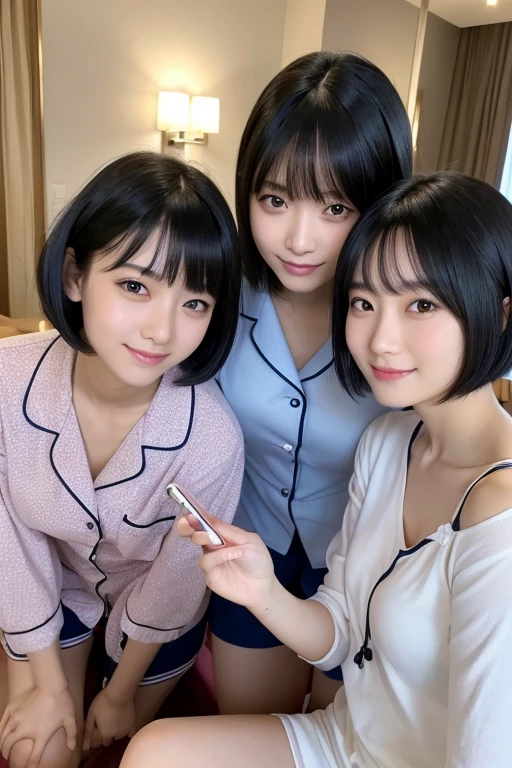 Three smiling girls, Pajama party at the hotel, Blowing in the wind for a long time [Blue-black:.3] hair,View Audience, (masterpiece:1.3), (8K, Realistic, RAW Photos, Highest quality: 1.4), Japanese, (One Girl), Beautiful Face, (Realistic Face), (black hair, short hair:1.3), beautiful hairstyle, Realistic eyes, Beautiful details, (Realistic Skin), Beautiful Skin, charm, Ultra-high resolution, Ultra-realistic, Very detailed, (Shooting with a smartphone:1.2)