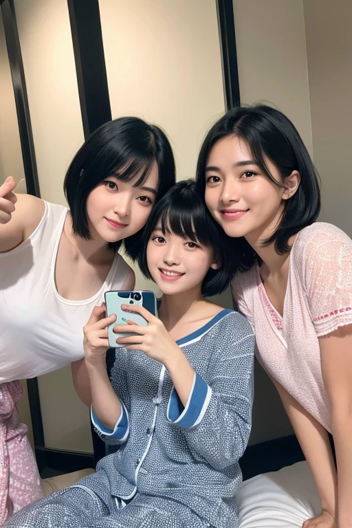 Three smiling girls, Pajama party at the hotel, Blowing in the wind for a long time [Blue-black:.3] hair,View Audience, (masterpiece:1.3), (8K, Realistic, RAW Photos, Highest quality: 1.4), Japanese, (One Girl), Beautiful Face, (Realistic Face), (black hair, short hair:1.3), beautiful hairstyle, Realistic eyes, Beautiful details, (Realistic Skin), Beautiful Skin, charm, Ultra-high resolution, Ultra-realistic, Very detailed, (Shooting with a smartphone:1.2)