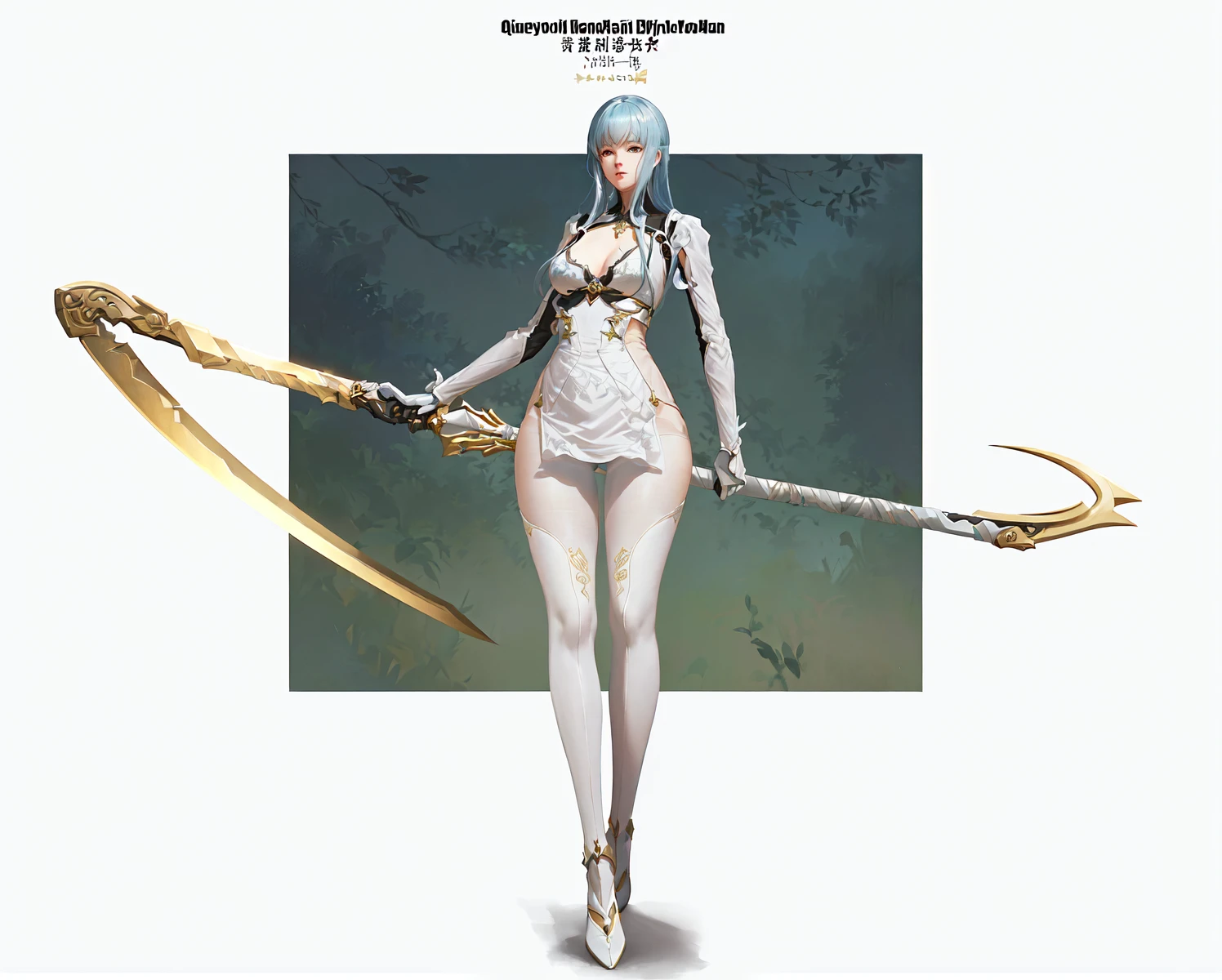 There was a woman with a sword,Wearing tights, Neil inspired, The Opai of Biomechanics, OPPEIN PROPORTION, Full body fairy,Queen, pixiv 3dcg, The Goddess of Sorrow, Neil:Automata inspired,, guweiz masterpiece, She holds a long stick
