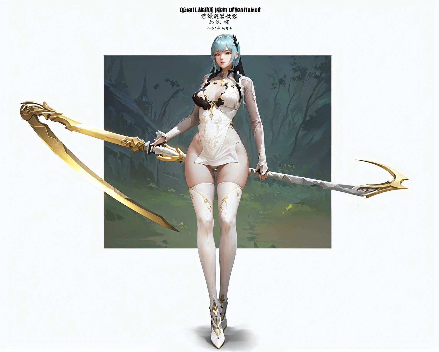 There was a woman with a sword，Wearing tights, Neil inspired, The Opai of Biomechanics, OPPEIN PROPORTION, Full body fairy,Queen, pixiv 3dcg, The Goddess of Sorrow, Neil:Automata inspired,, guweiz masterpiece, She holds a long stick