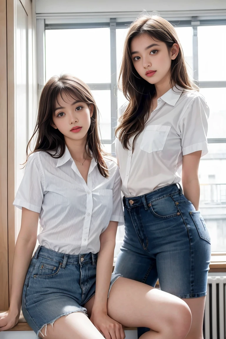 deux femmes ensemble de 18 ans sexy et mince , white short sleeve checkered shirt et short en jean , salle de classe, se touche,position sey,sensuel
