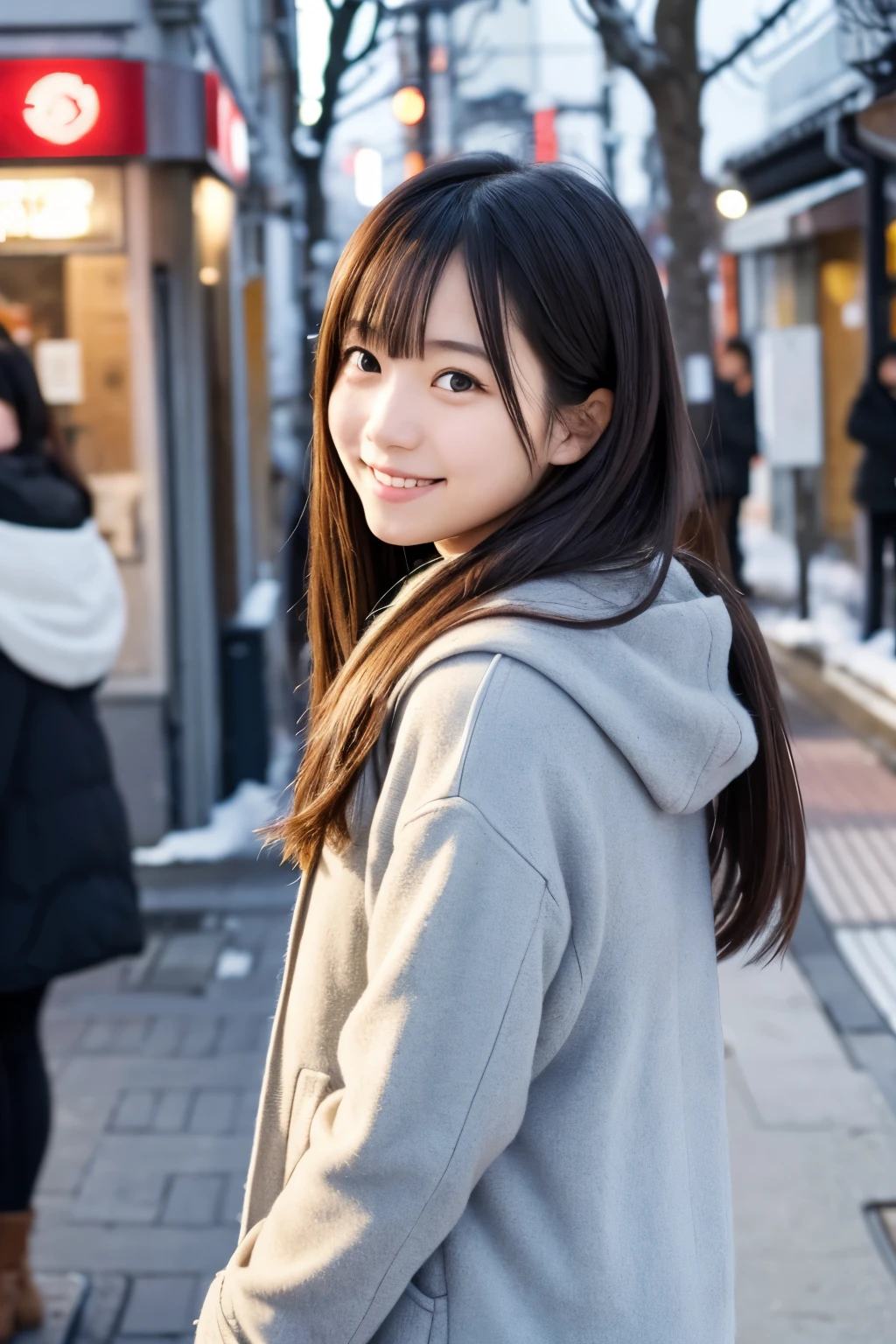 Style:A snapshot showing the whole body. A casual moment in winter. The sky is a little clear. A young Japanese woman is looking at me. She has semi-long hair. She is looking at us and smiling, which is beautiful. Live shot. Street snapshot. Fujifilm. Blur. Background: Japanese townscape.